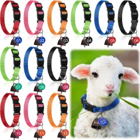 12 Pack Goat Collar with Bell and Number Tag Adjustable Nylon Sheep Collar Set with Plastic ID Number Tags for Small Farm Animal Livestock Goat Sheep Cow Accessories