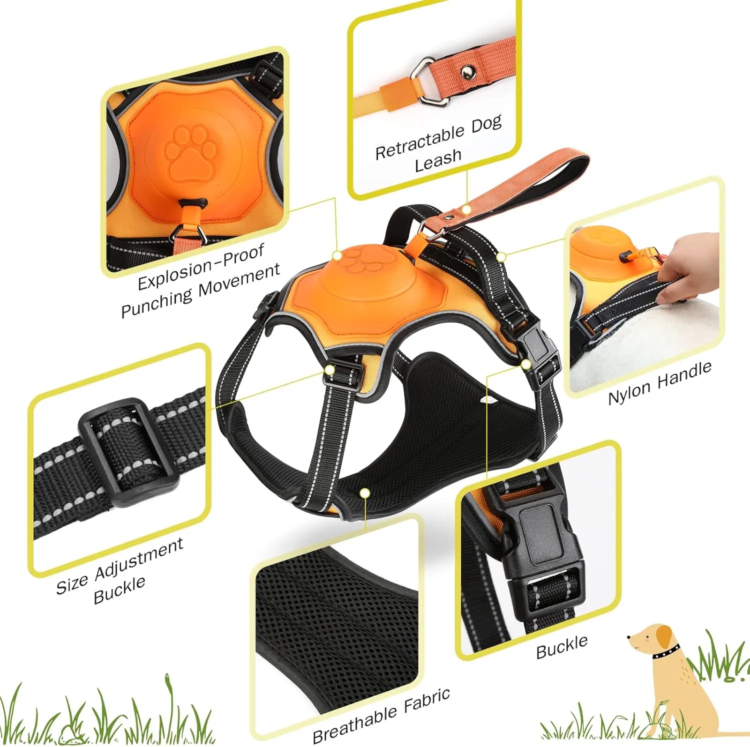 2-in-1 No Pull Dog Harness & Retractable Leash - Large Dog Harness with Auto-Lock, Reflective & Adjustable