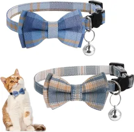 2 Pack Detachable Soft Bowtie Plaid Cat Collars Cat Collar Breakaway Adjustable Safety Collars Cats Collar with Bells for Cats Puppy