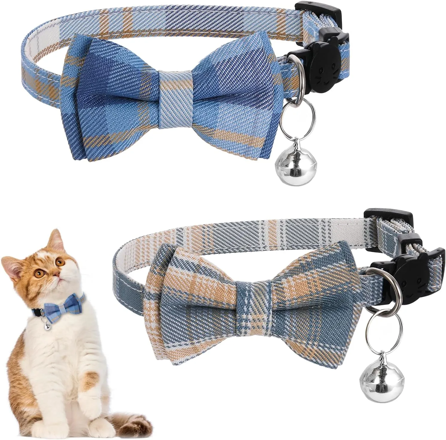2 Pack Detachable Soft Bowtie Plaid Cat Collars Cat Collar Breakaway Adjustable Safety Collars Cats Collar with Bells for Cats Puppy
