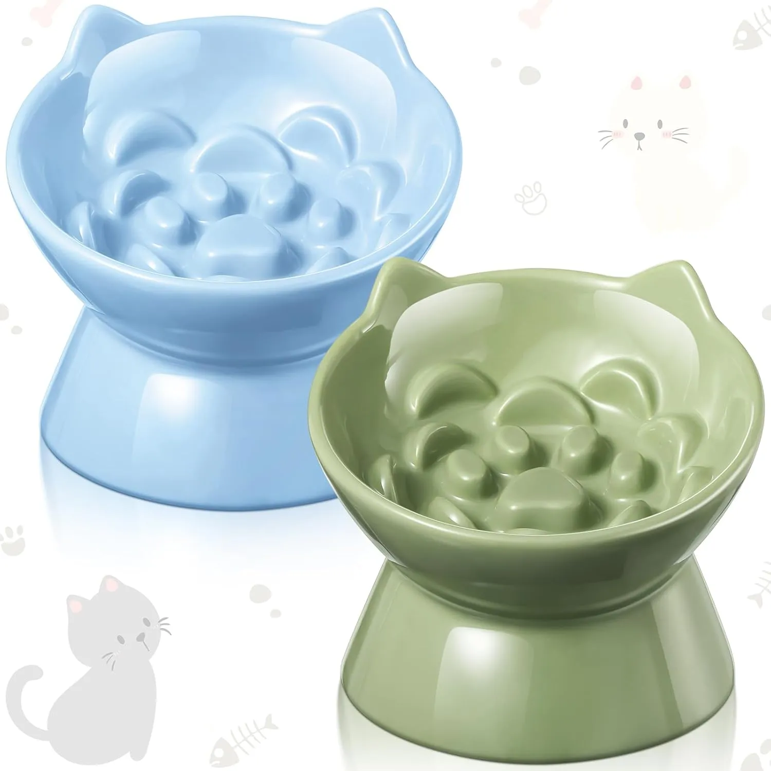 2 Pcs Ceramic Slow Feeder Raised Cat Bowl Elevated Cat Food Bowl for Dry Wet Food and Water Easy to Clean High Edge Pet for Small Dogs, Dishwasher Safe(Green, Blue)
