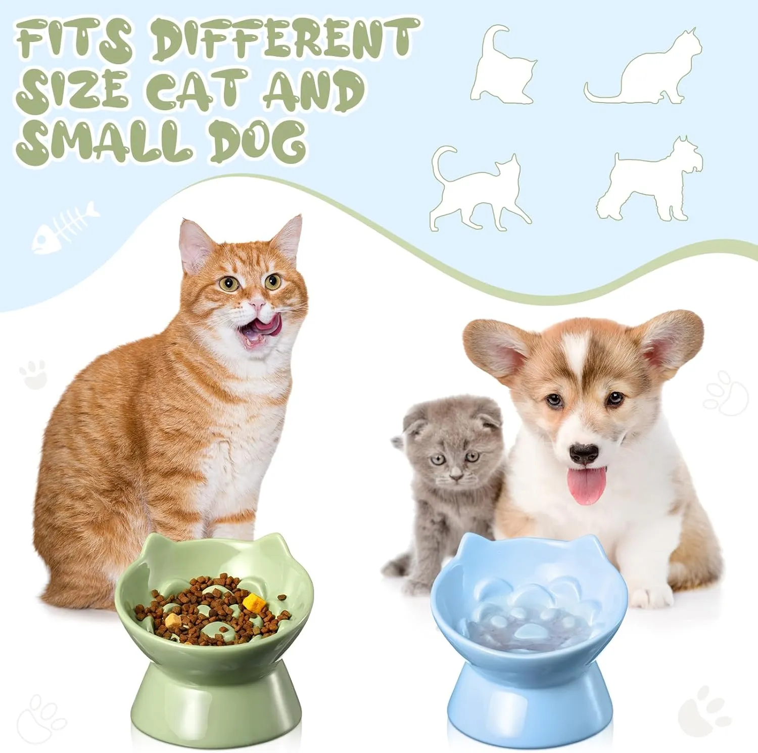 2 Pcs Ceramic Slow Feeder Raised Cat Bowl Elevated Cat Food Bowl for Dry Wet Food and Water Easy to Clean High Edge Pet for Small Dogs, Dishwasher Safe(Green, Blue)