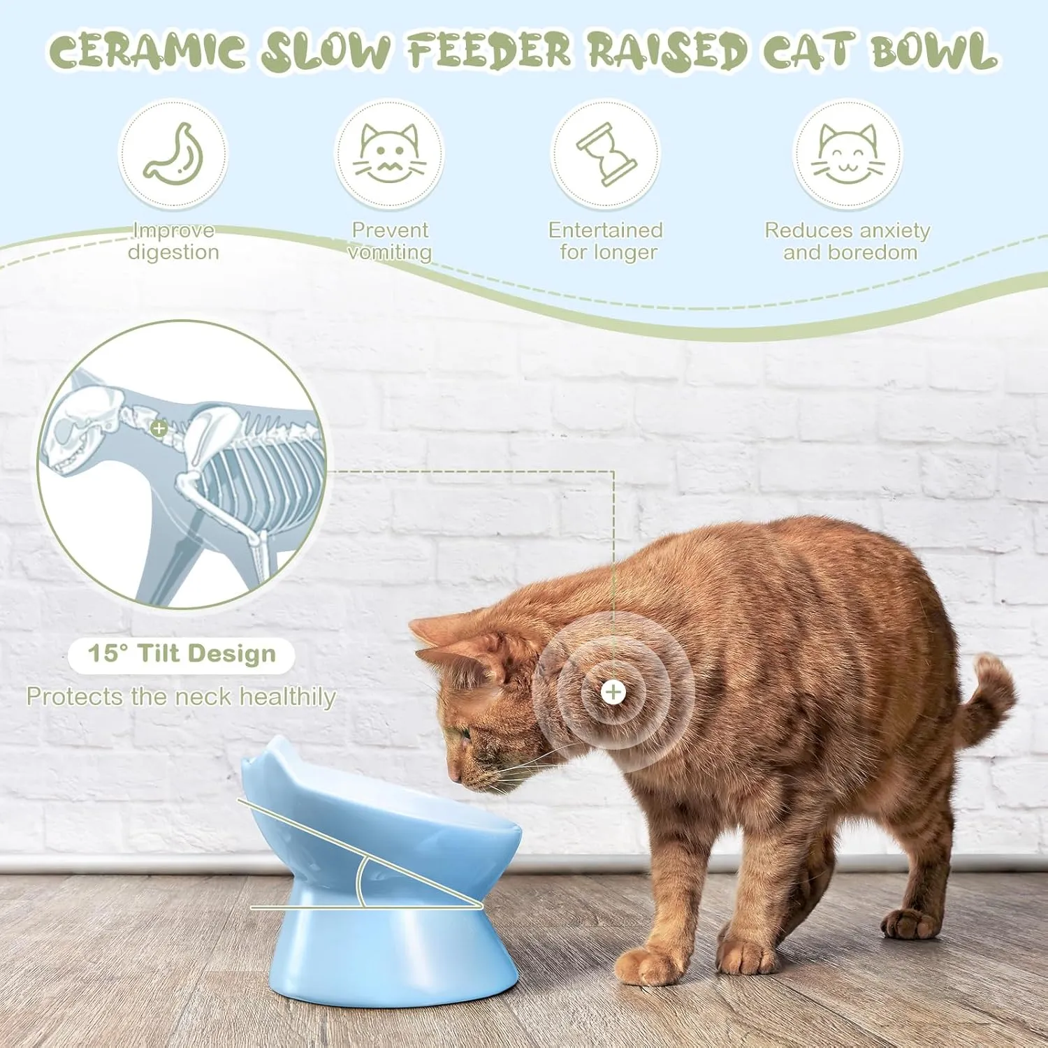 2 Pcs Ceramic Slow Feeder Raised Cat Bowl Elevated Cat Food Bowl for Dry Wet Food and Water Easy to Clean High Edge Pet for Small Dogs, Dishwasher Safe(Green, Blue)
