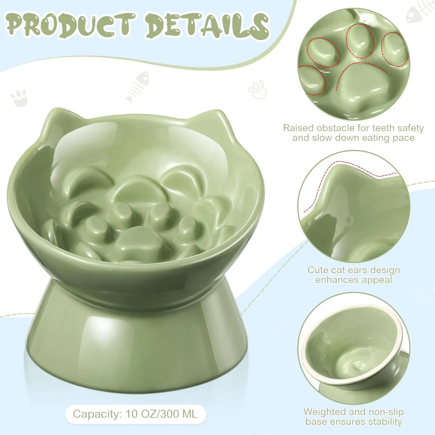 2 Pcs Ceramic Slow Feeder Raised Cat Bowl Elevated Cat Food Bowl for Dry Wet Food and Water Easy to Clean High Edge Pet for Small Dogs, Dishwasher Safe(Green, Blue)