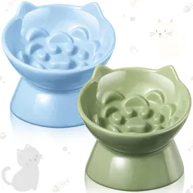 2 Pcs Ceramic Slow Feeder Raised Cat Bowl Elevated Cat Food Bowl for Dry Wet Food and Water Easy to Clean High Edge Pet for Small Dogs, Dishwasher Safe(Green, Blue)