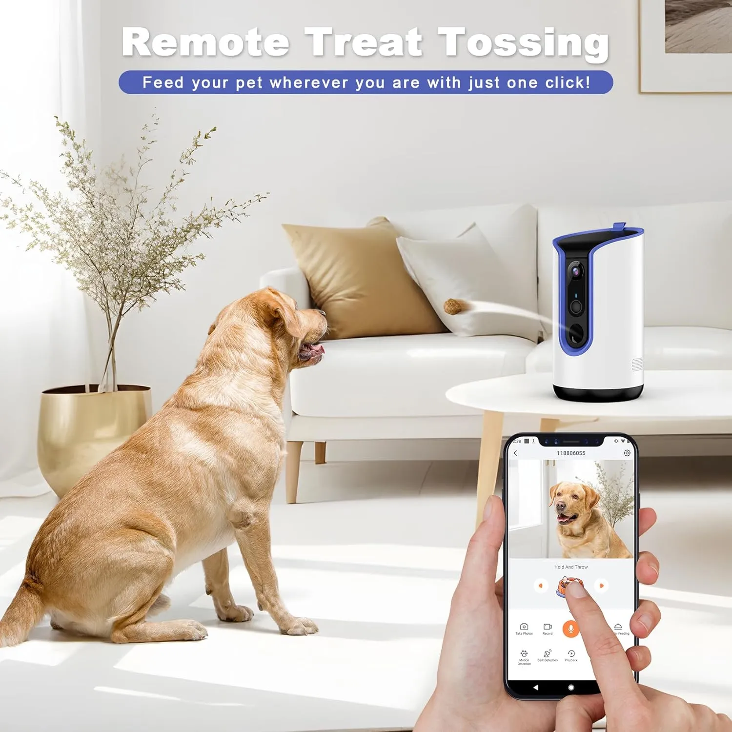 2K Pet Camera Security Dogs Camera, On-Device AI Tracking and Pet Monitoring, 360 View, with Treat Dispenser, Local Storage, 2-Way Audio, Phone App, Motion Alert