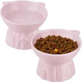 2Pcs Ceramic Elevated Cat Bowls, Extra Wide Raised for Food and Water, Shallow Whisker Friendly Dish, Anti Vomit Microwave and Dishwasher Safe, Great Height (Pink)