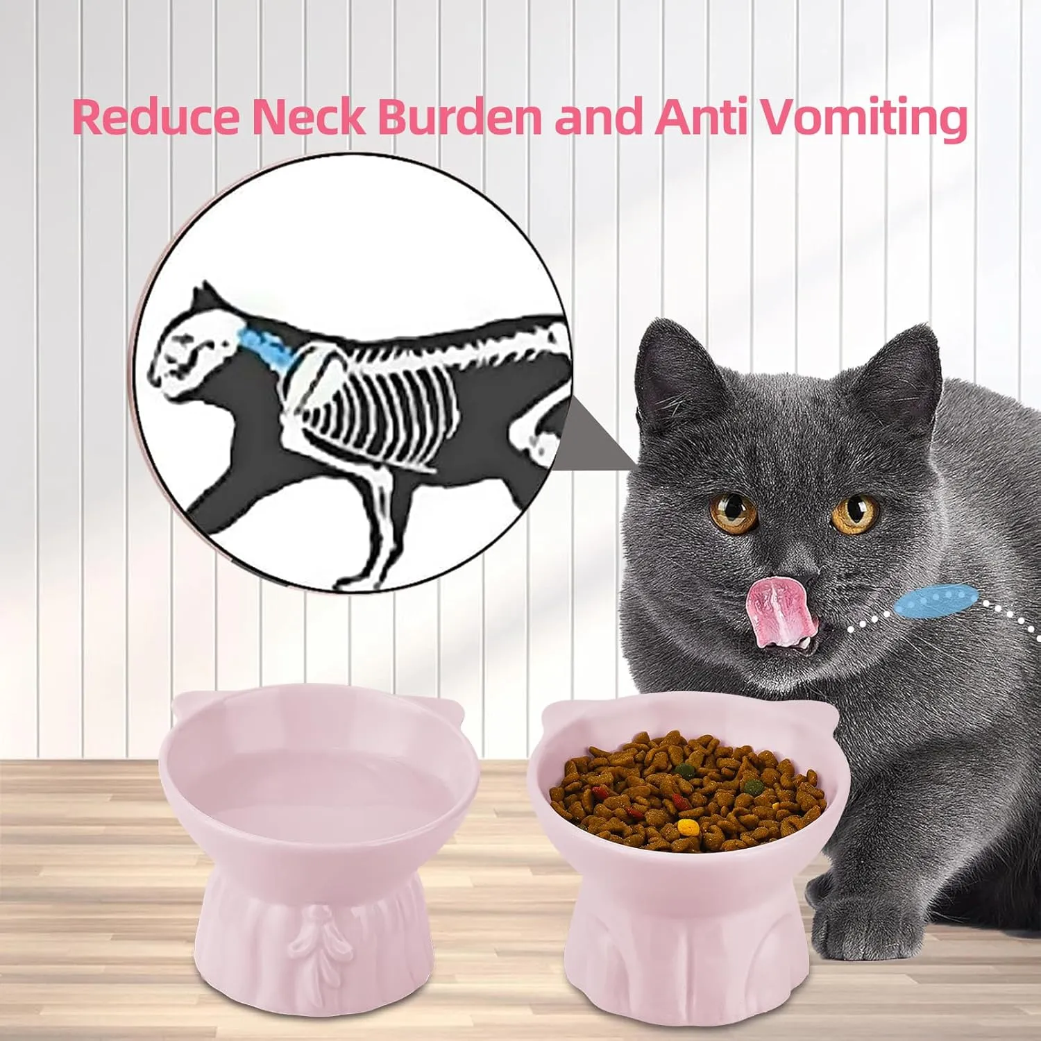 2Pcs Ceramic Elevated Cat Bowls, Extra Wide Raised for Food and Water, Shallow Whisker Friendly Dish, Anti Vomit Microwave and Dishwasher Safe, Great Height (Pink)