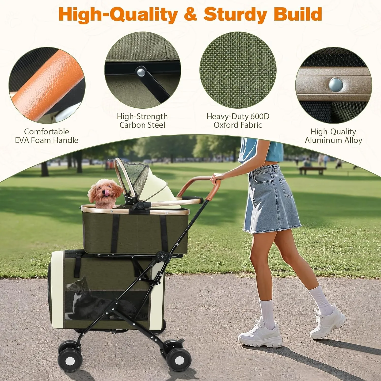 3-in-1 Dog & Cat Stroller with Dual Detachable Carriers  Foldable Pet Stroller for Small & Medium Dogs up to 77 lbs, Travel-Friendly Carrier for Car Use, All-Terrain Wheels & Safety Features