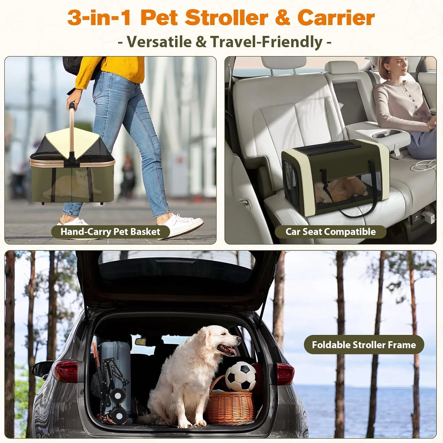 3-in-1 Dog & Cat Stroller with Dual Detachable Carriers  Foldable Pet Stroller for Small & Medium Dogs up to 77 lbs, Travel-Friendly Carrier for Car Use, All-Terrain Wheels & Safety Features