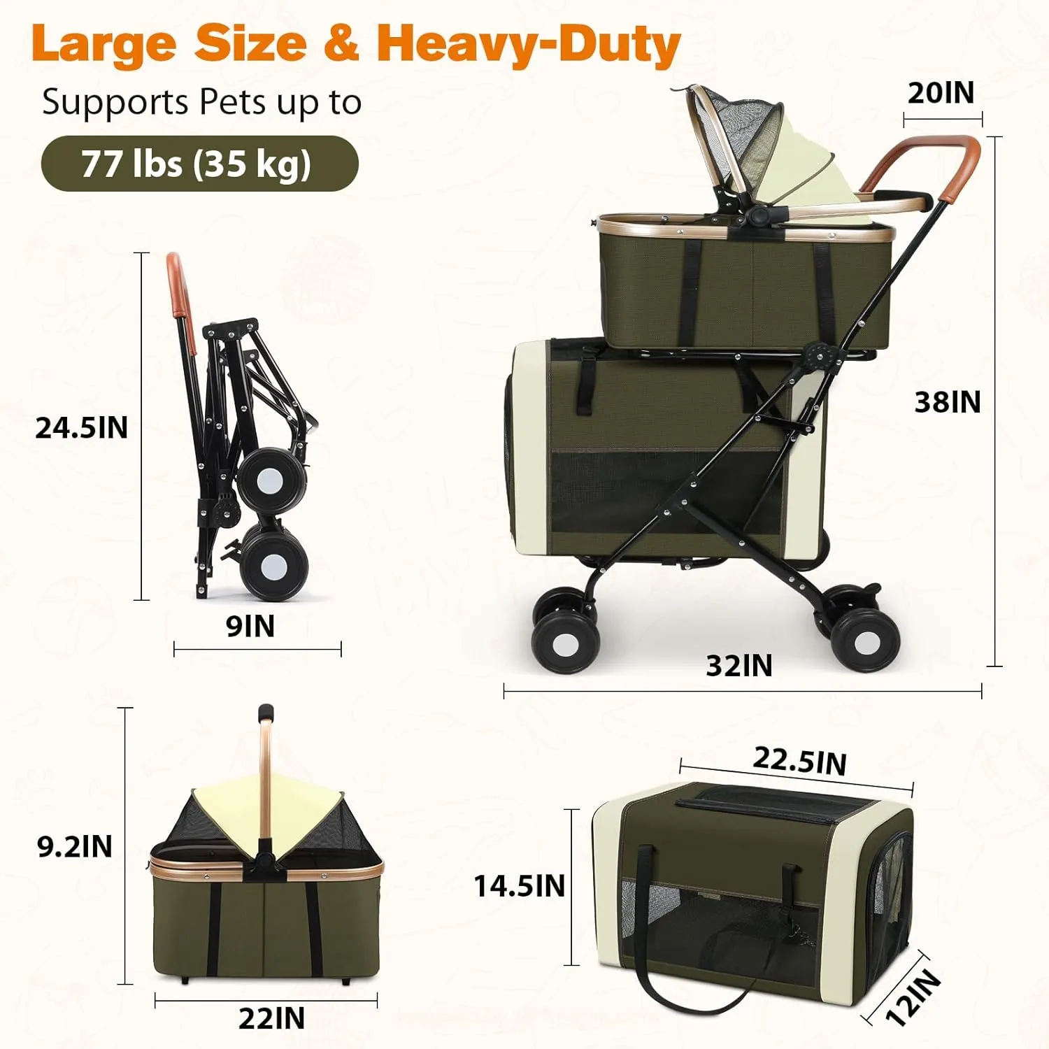 3-in-1 Dog & Cat Stroller with Dual Detachable Carriers  Foldable Pet Stroller for Small & Medium Dogs up to 77 lbs, Travel-Friendly Carrier for Car Use, All-Terrain Wheels & Safety Features
