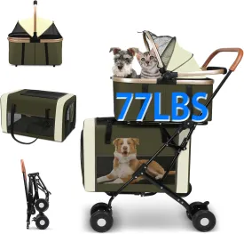 3-in-1 Dog & Cat Stroller with Dual Detachable Carriers  Foldable Pet Stroller for Small & Medium Dogs up to 77 lbs, Travel-Friendly Carrier for Car Use, All-Terrain Wheels & Safety Features
