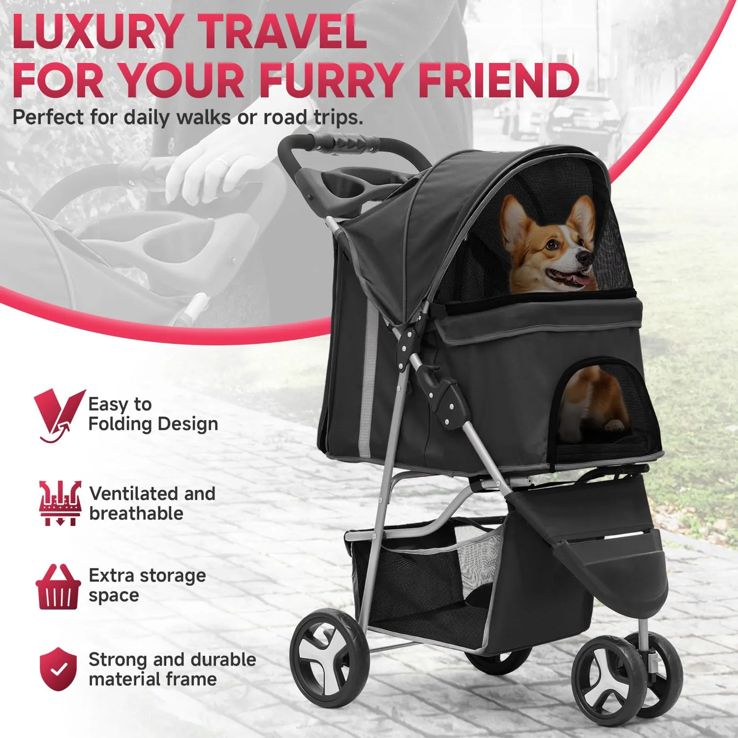 3-Wheel Foldable Dog Stroller with Weather Cover, Storage Basket & Cup Holderss - Lightweight Pet Stroller for Small/Medium Dogs & Cats, CAAP-DGS-A78-BK