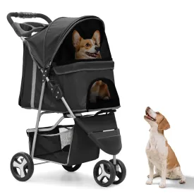 3-Wheel Foldable Dog Stroller with Weather Cover, Storage Basket & Cup Holderss - Lightweight Pet Stroller for Small/Medium Dogs & Cats, CAAP-DGS-A78-BK