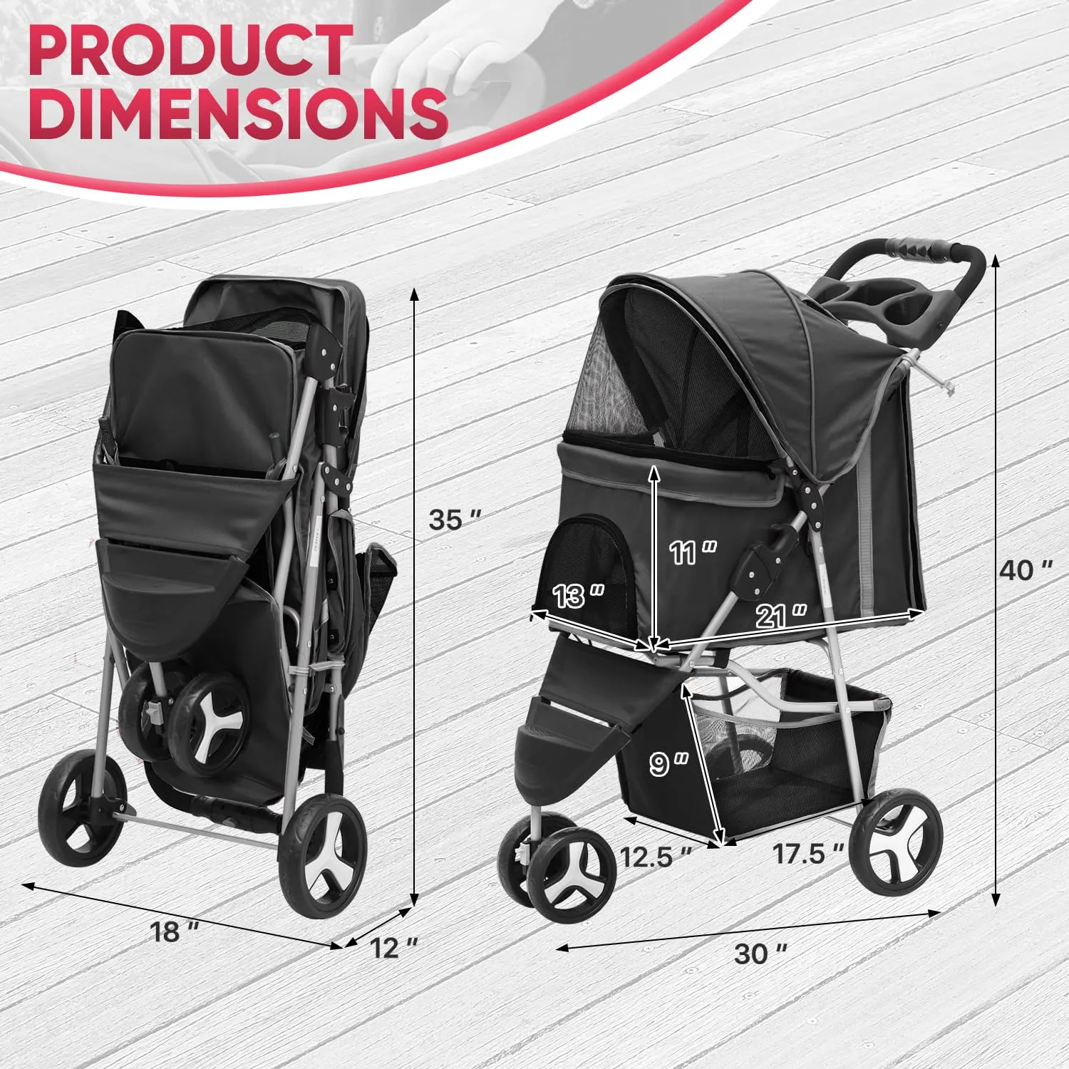 3-Wheel Foldable Dog Stroller with Weather Cover, Storage Basket & Cup Holderss - Lightweight Pet Stroller for Small/Medium Dogs & Cats, CAAP-DGS-A78-BK