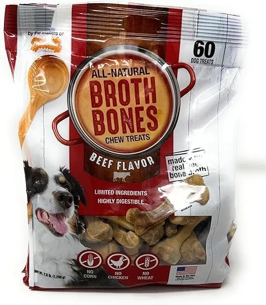 All-Natural Beef Broth Bones Dog Chew Treats. 60 CT, Net Wt.2.6lbs.(1200g) -Limited Ingredients Highly Digestible, No Corn, No Chicken, No Wheat.