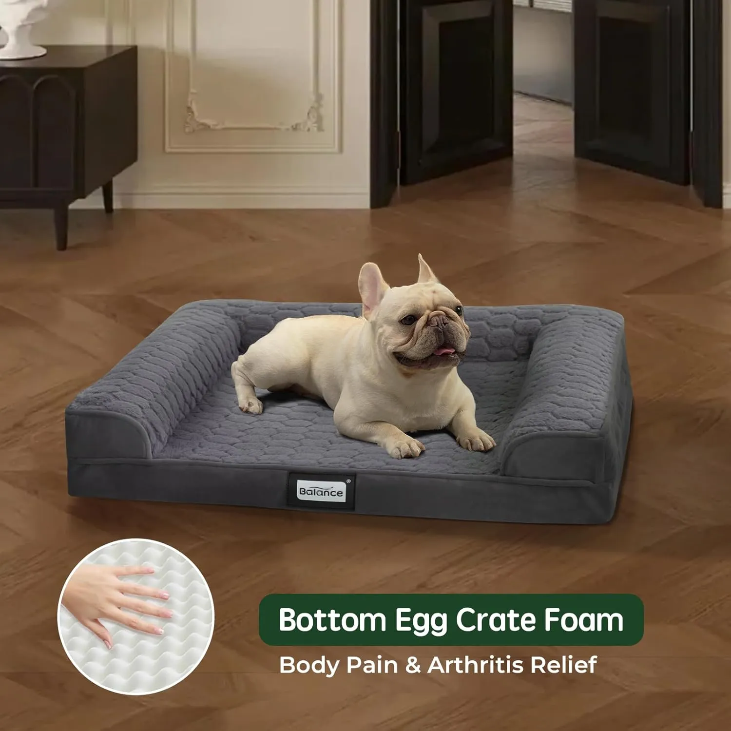 BALANCE Orthopedic Dog Bed, Egg Crate Foam Dog Couch for Pet Sleeping, Pet Sofa with Removable Washable Cover & Waterproof Lining, Comfy Dogs Bed for Small Dogs, Grey
