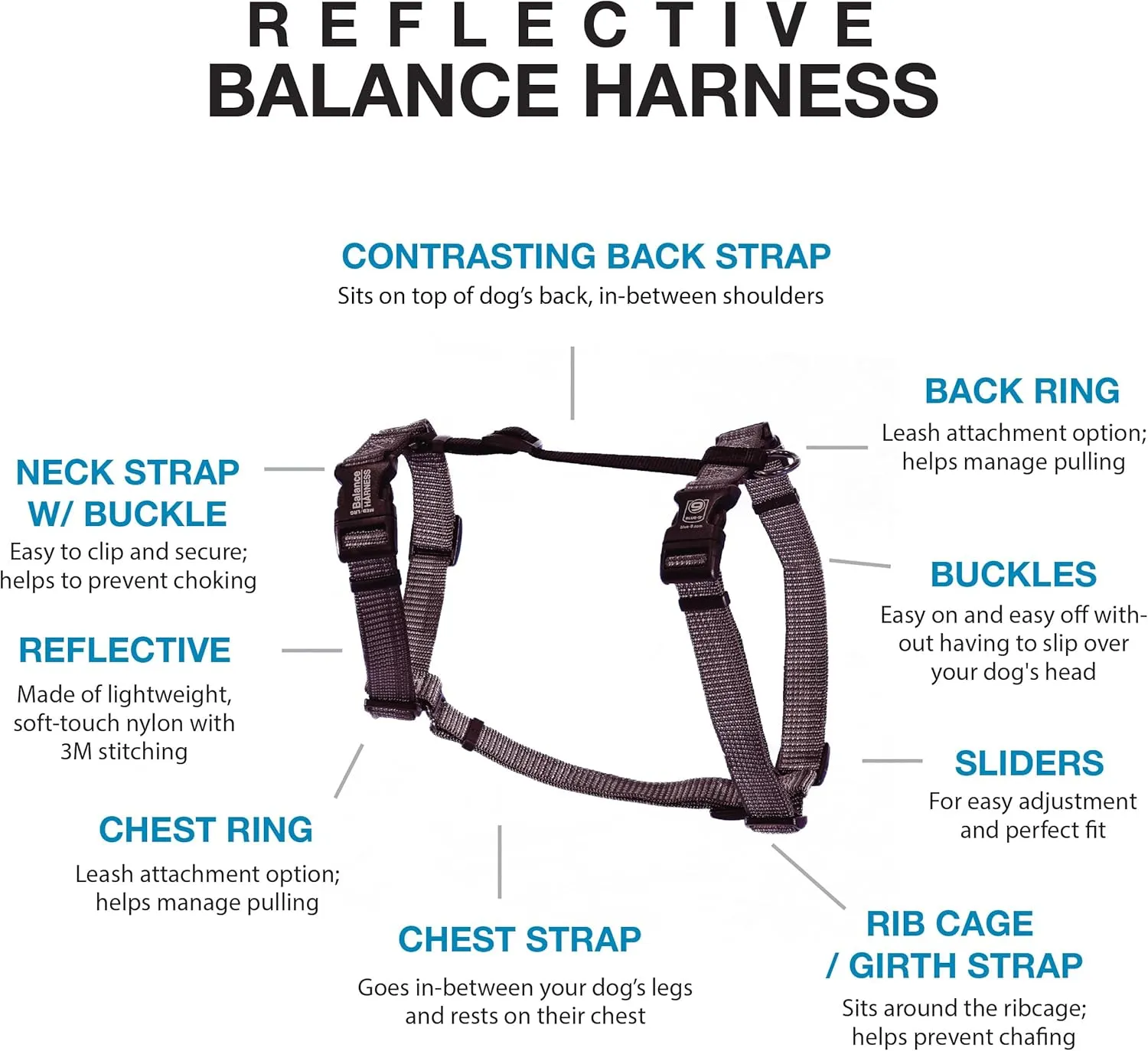 Blue-9 Reflective Buckle-Neck Balance Harness, Fully Customizable Fit No-Pull Harness with 3M Reflective Stitching, Ideal for Dog Training and Obedience, Made in The USA, Grey, Large