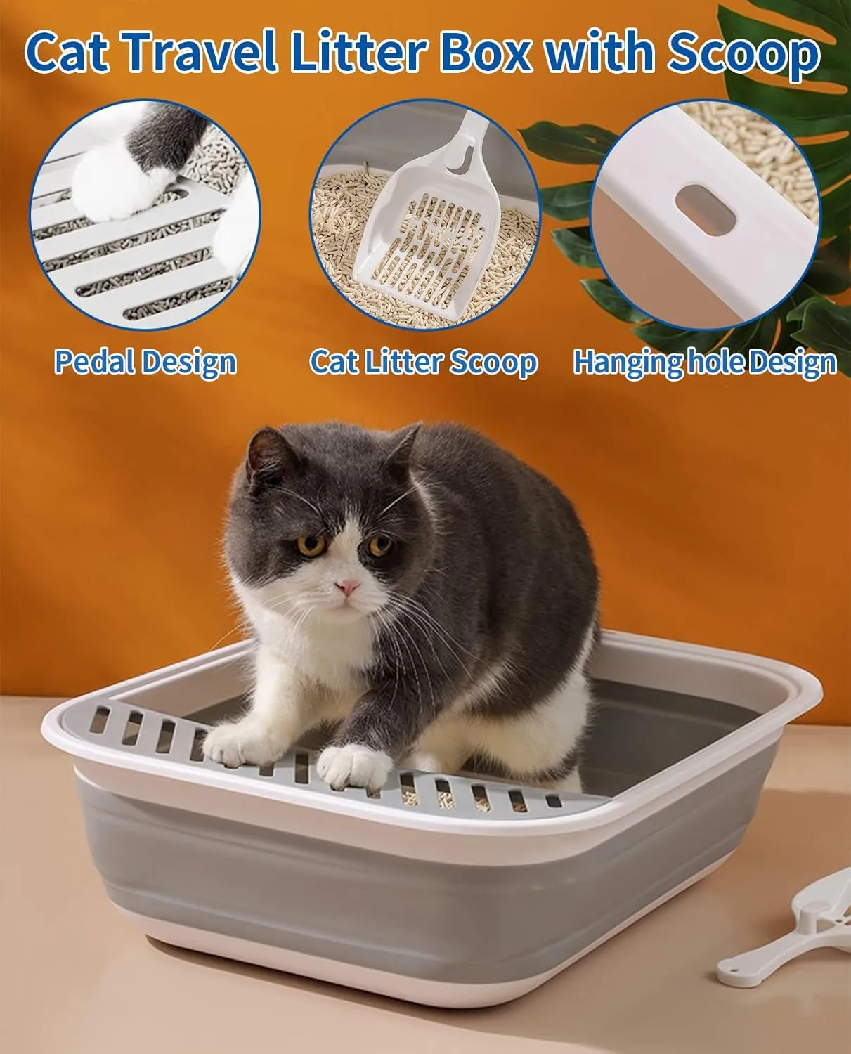 BNOSDM Large Cat Litter Box for Senior Cat - Foldable Kittens Travel Litter Box with Scoop Collapsible Cat Toilet Open Shallow Cats Potty Pan for Sick Disabled Older Cats Grey