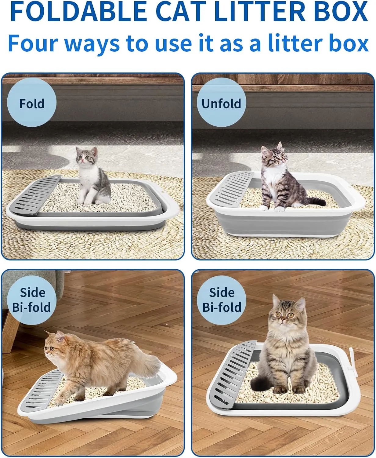 BNOSDM Large Cat Litter Box for Senior Cat - Foldable Kittens Travel Litter Box with Scoop Collapsible Cat Toilet Open Shallow Cats Potty Pan for Sick Disabled Older Cats Grey