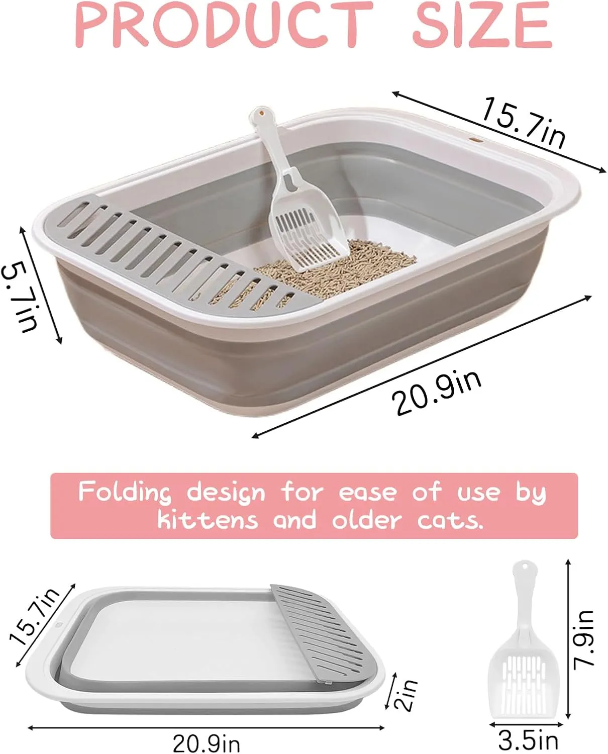 BNOSDM Large Cat Litter Box for Senior Cat - Foldable Kittens Travel Litter Box with Scoop Collapsible Cat Toilet Open Shallow Cats Potty Pan for Sick Disabled Older Cats Grey