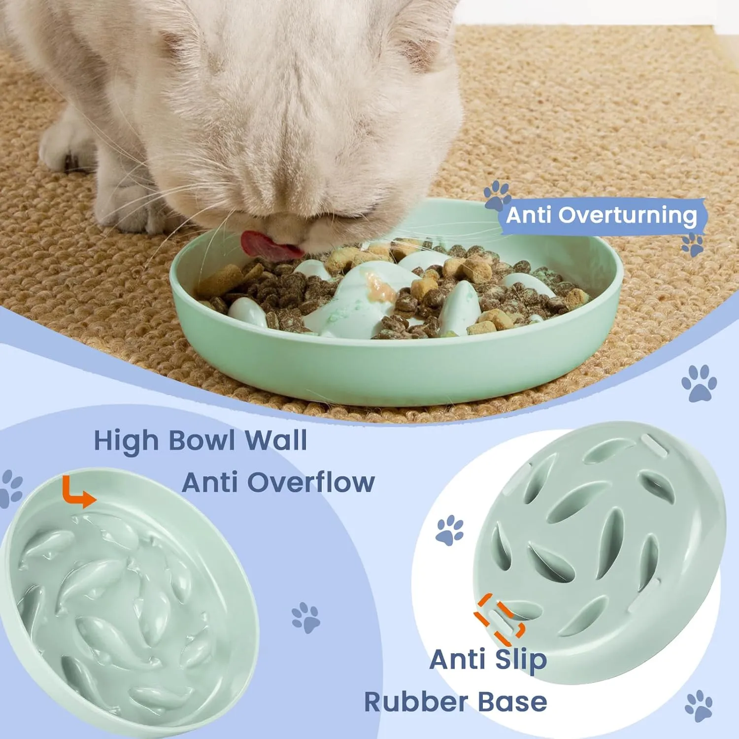 Cat Slow Feeder Bowl, Anti Gulping Healthy Eating Diet Pet Food Bowl, Non-Slip Whale Shape Design and Raised Rim Spill Proof Slow Bowl for Kitten (Green)