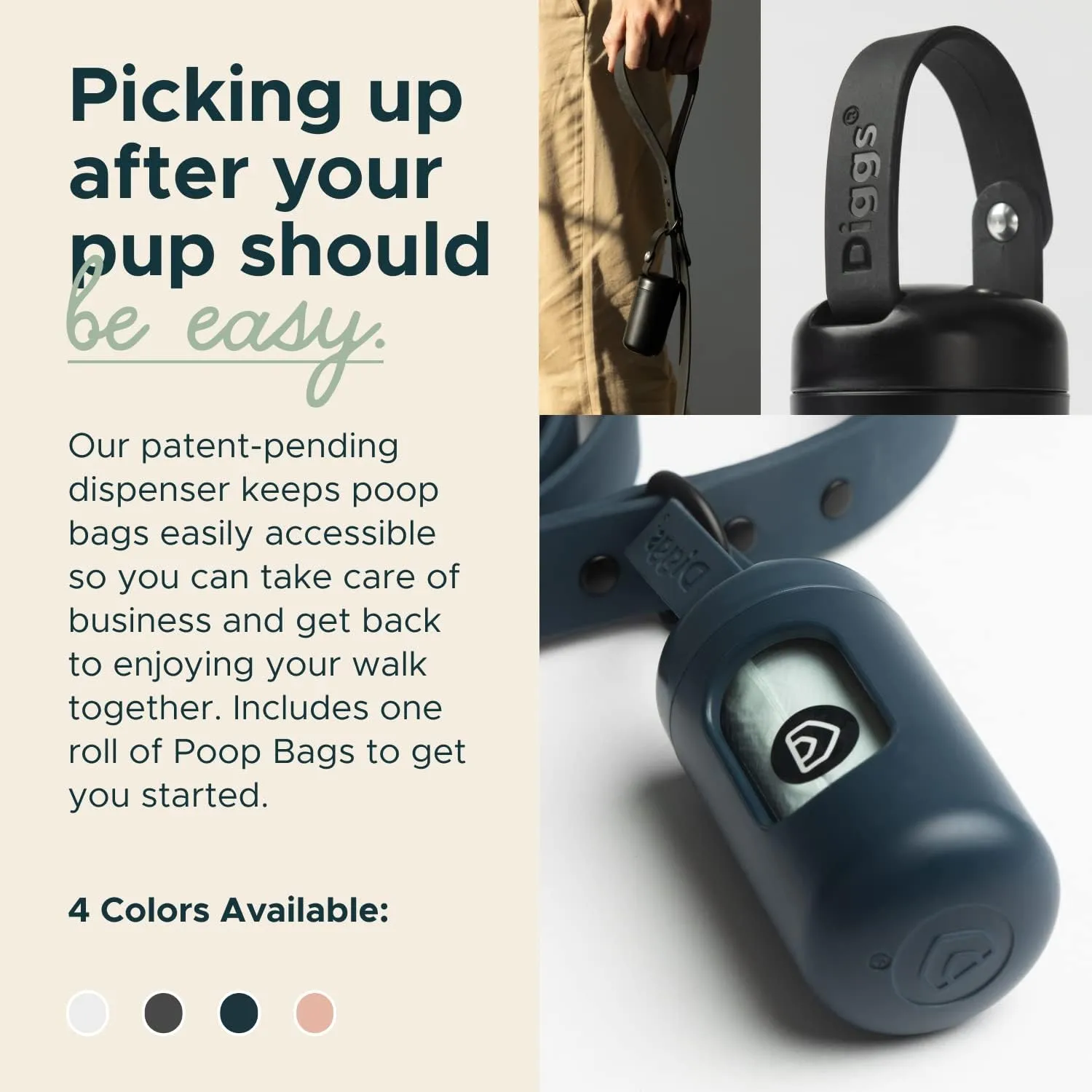 DIGGS Dog Poop Bag Dispenser for Leash - Premium Dog Waste Bag Holder with Easy One-Hand Dispensing (Ash)