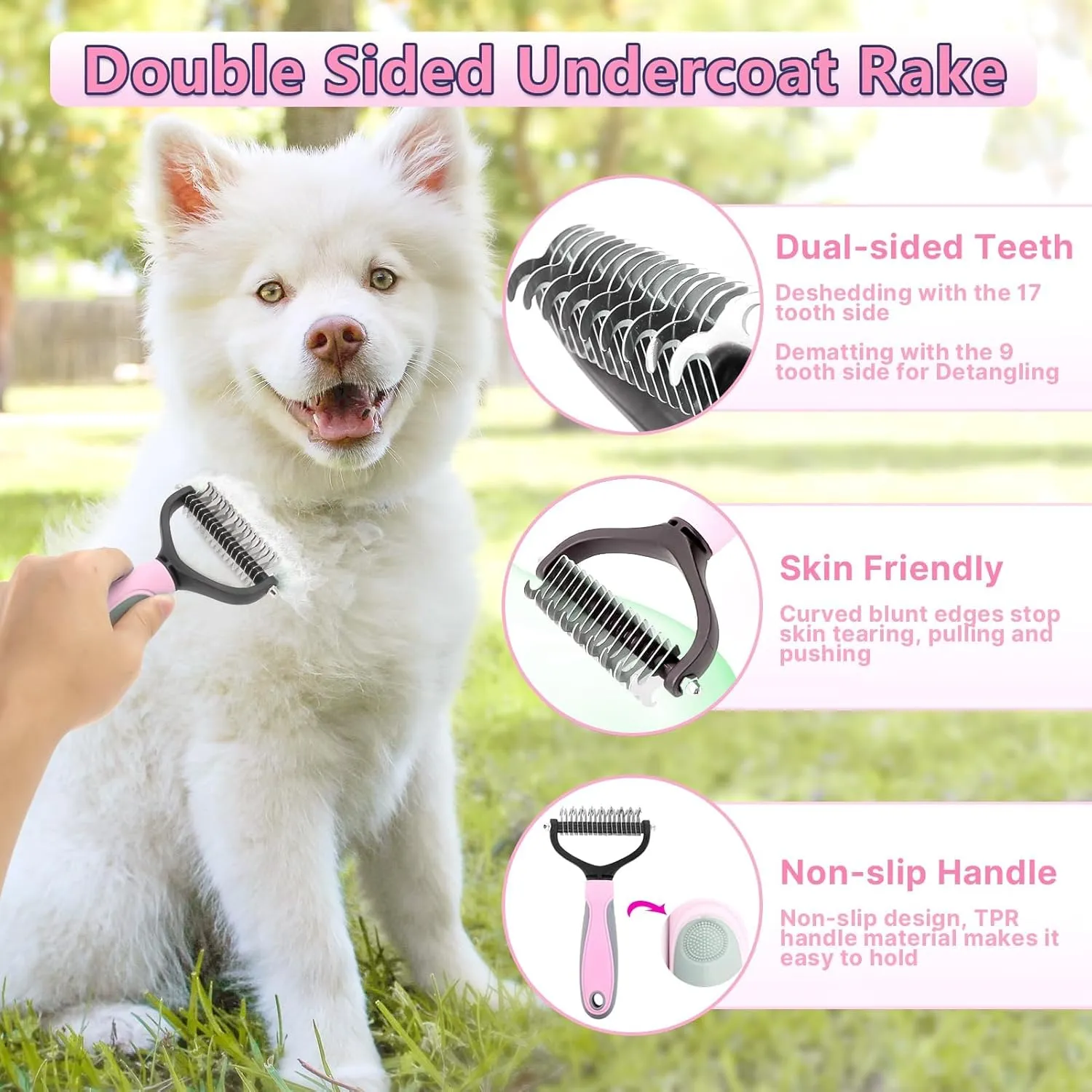 Dog Brush Dog Grooming Kit 6PCS Dog Brush for Shedding-Dog Brushes for Grooming, Dematting Comb for Dogs, Cat & Dog Nail Clipper with Nail File, Flea Comb, Dog Bath Brush-Pink