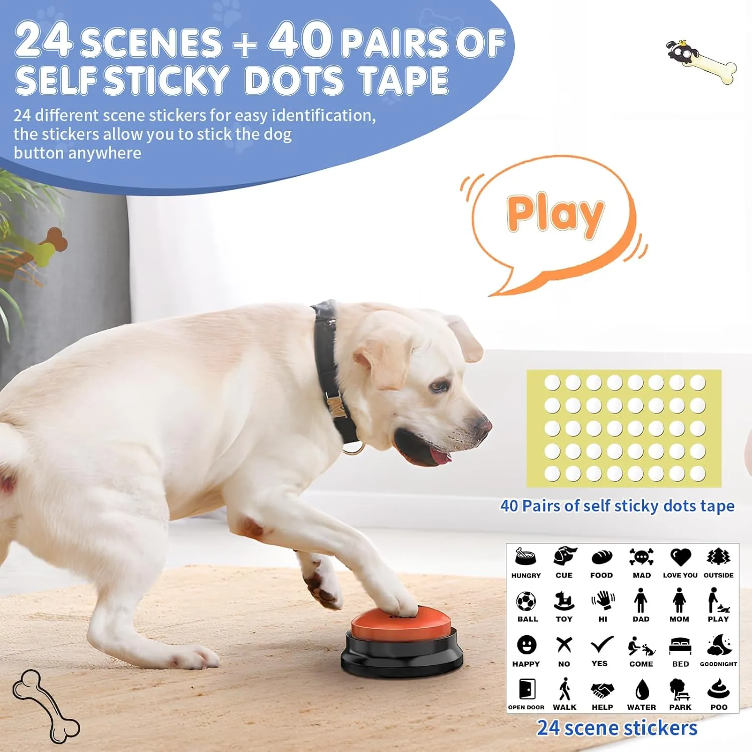 Dog Buttons for Communication, 6 PCS Dog Talking Button Set,30 Seconds Recordable Pet Training Buzzerwith Training Manual Book 12 AAA Batteries 24 Scene Modes   1 Dog Button Mat
