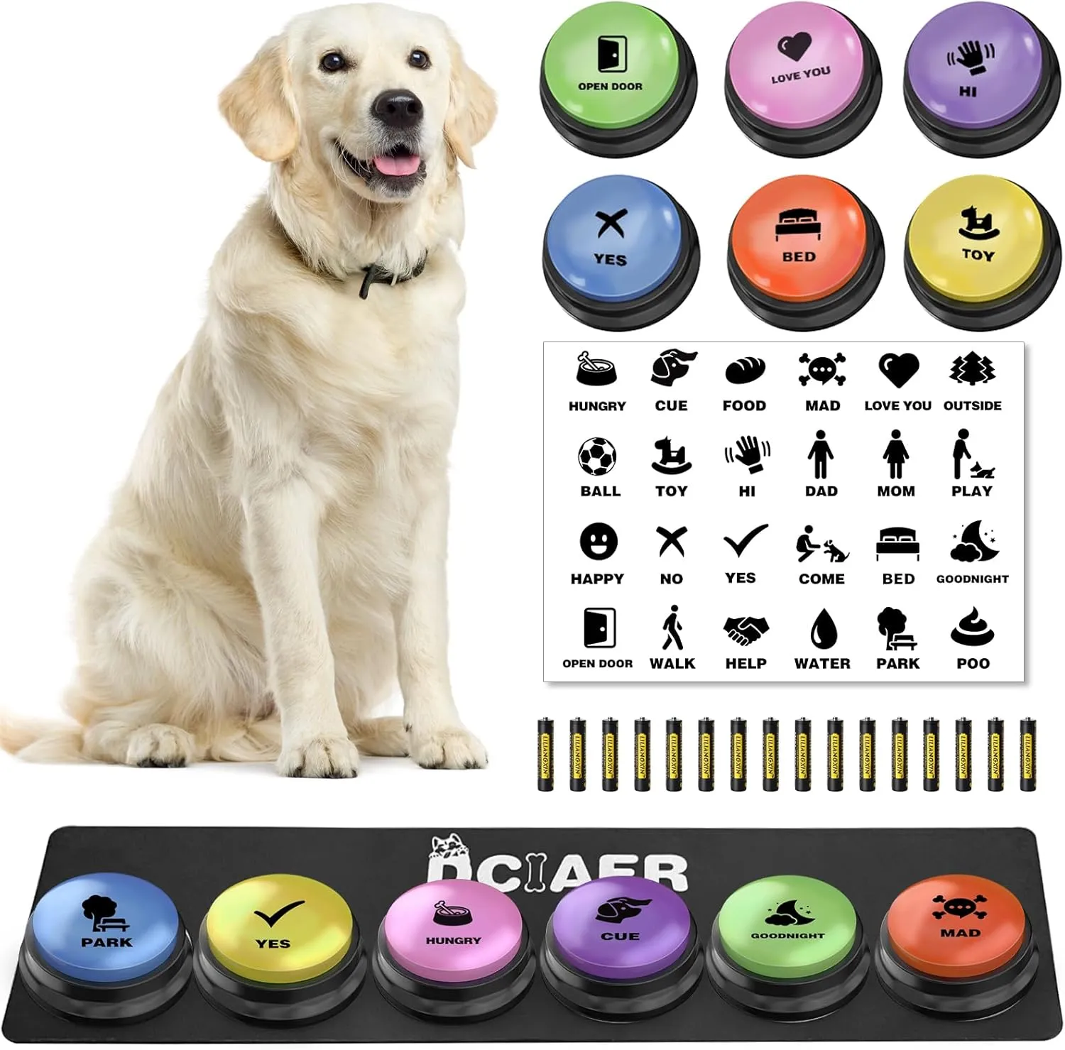 Dog Buttons for Communication, 6 PCS Dog Talking Button Set,30 Seconds Recordable Pet Training Buzzerwith Training Manual Book 12 AAA Batteries 24 Scene Modes   1 Dog Button Mat