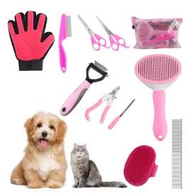 Dog Grooming Brush Shedding Kit, 10 Pcs All In One Pet Self Cleaning Kit with Slicker Brush, Deshedding Tool, Dog Grooming Scissors, Pet Nail Clippers and File for All Breeds of Dogs and Cats