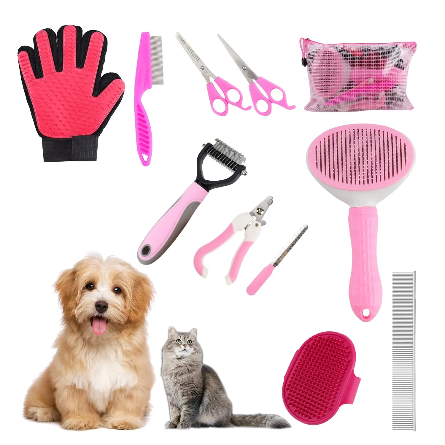 Dog Grooming Brush Shedding Kit, 10 Pcs All In One Pet Self Cleaning Kit with Slicker Brush, Deshedding Tool, Dog Grooming Scissors, Pet Nail Clippers and File for All Breeds of Dogs and Cats