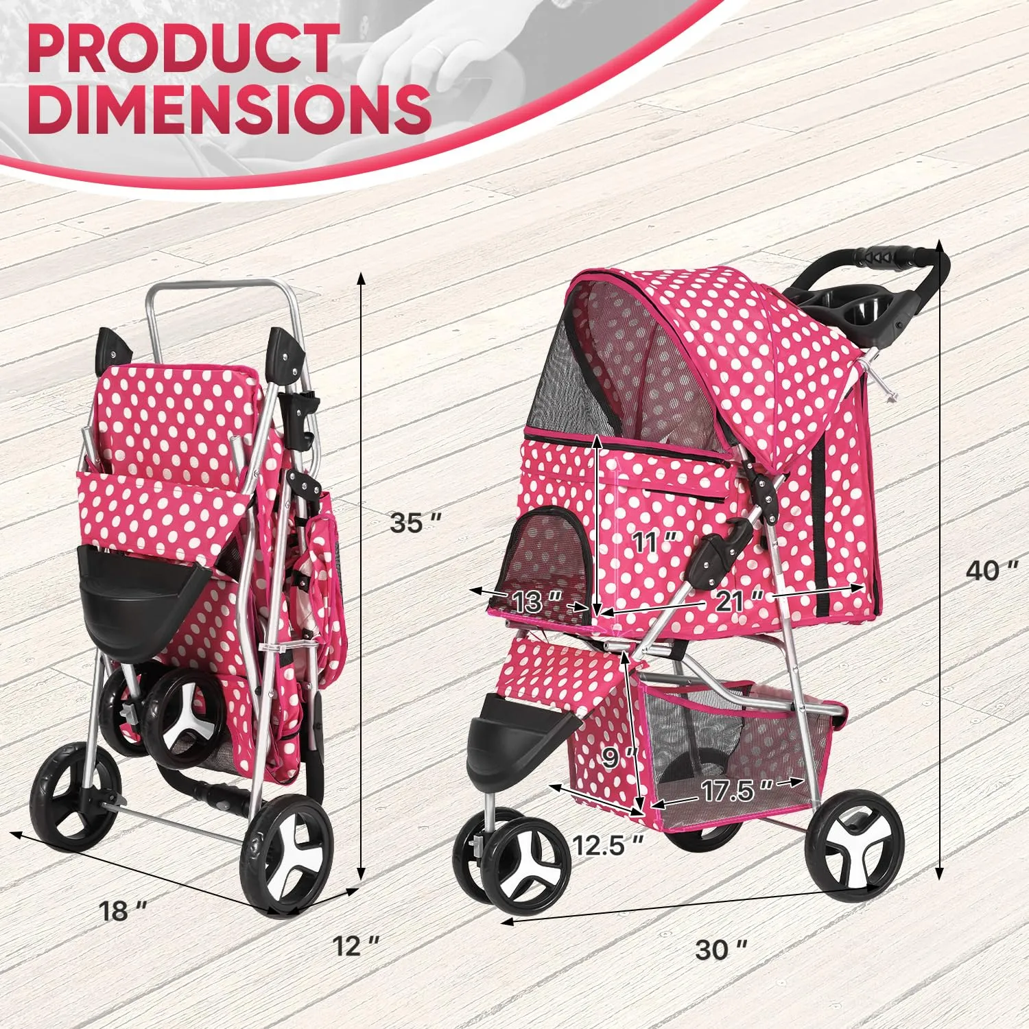 Dog Stroller Pet Stroller - 3-Wheel Foldable Jogger with Storage Basket, Cup Holders & Safety Brakes, CAAP-DGS-A78-PKD