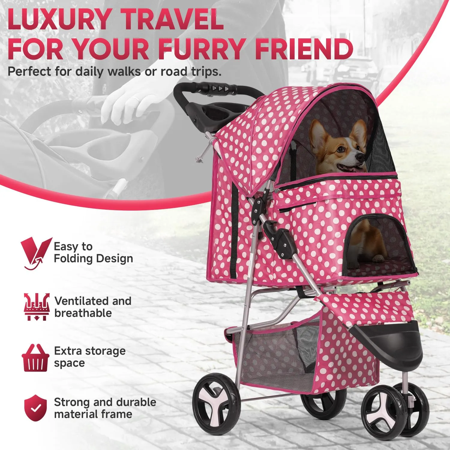 Dog Stroller Pet Stroller - 3-Wheel Foldable Jogger with Storage Basket, Cup Holders & Safety Brakes, CAAP-DGS-A78-PKD