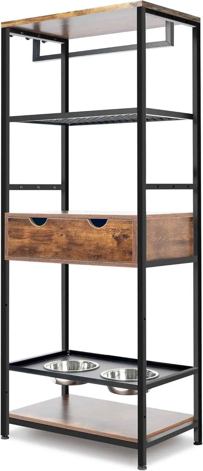 Elevated Dog Bowls with Storage, Height Adjustable Raised Dog Feeding Station with Large Storage Organizer and Shelves, Lifted Dog Bowl Holder Cabinet with for Large Medium Small Dogs