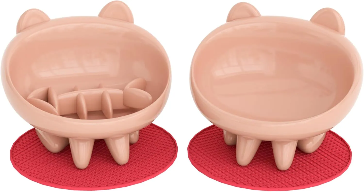 Elevated Slow Feeder Cat Bowls, Anti-Vomiting Cat Food Tilted Bowl with Non-Slip Mat, Whisker Friendly Food Dish Bowls are Custom-Designed for Senior Cats and Small Dogs (Pink)