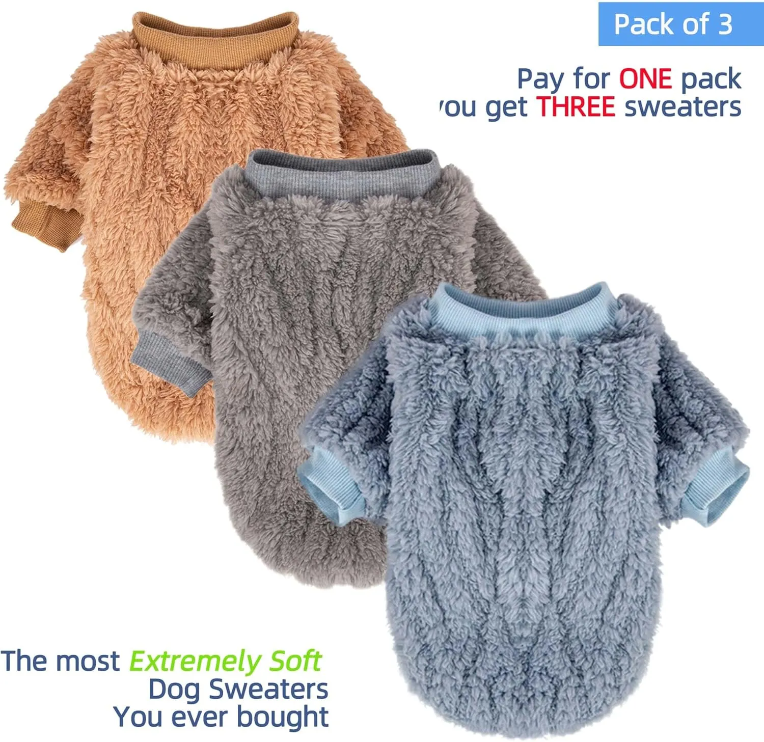 FabriCastle Dog Sweaters, 3-Pack Dog Clothes for Small Dogs Male & Cats, Ultra Soft and Warm Pet Coats XXS - XXL, Winter Pet Jackets, Doggy Apparel Costumes Outfits (Blue,Grey,Doe, X-Small)