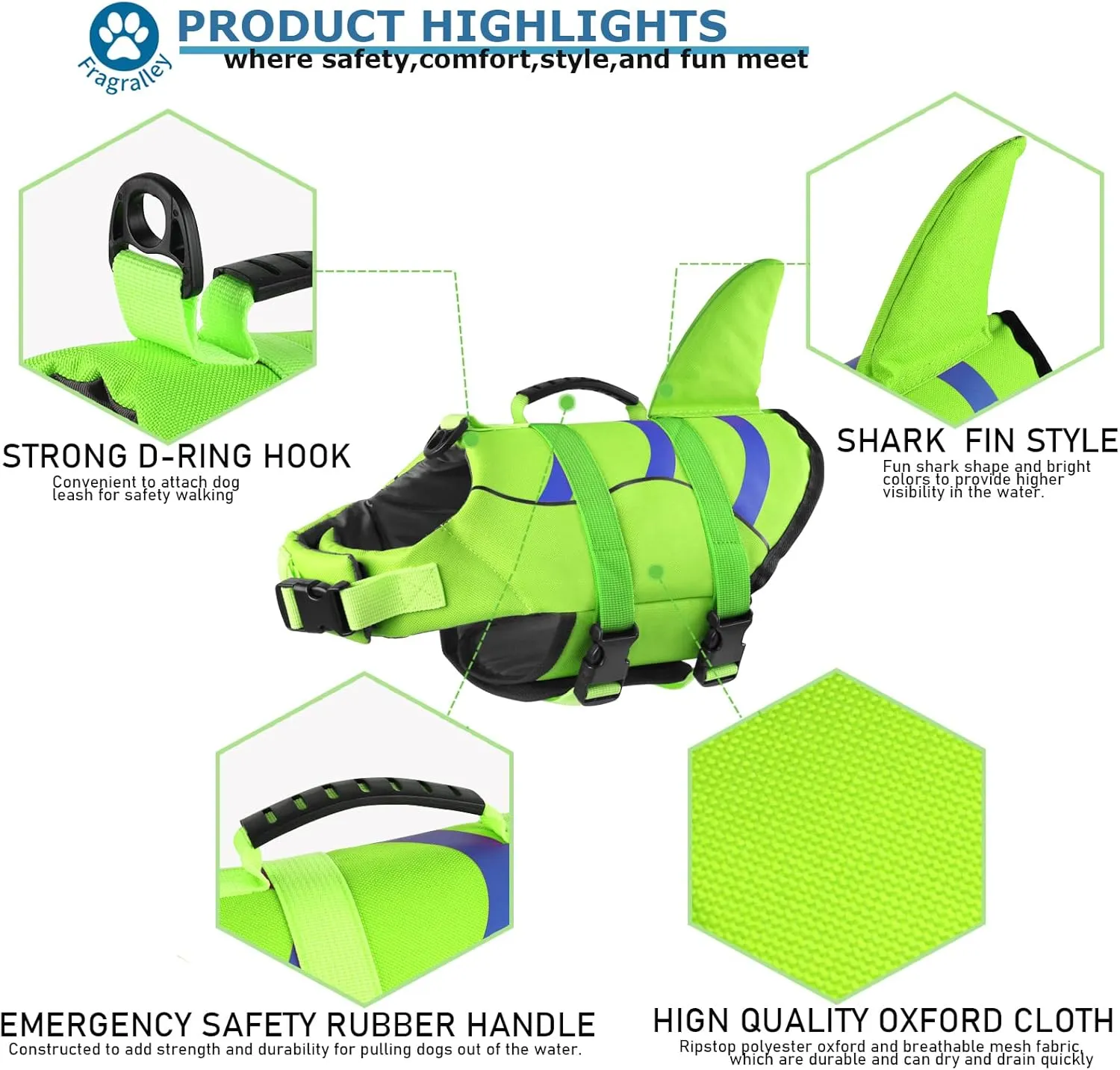 Fragralley Shark Fin Dog Life Jacket, High Buoyancy with Tear-Resistant Nylon of Dog Swim Vest, Pet Life Preserver for Small Medium Large Dogs, Puppy Float Vest for Swimming and Boating
