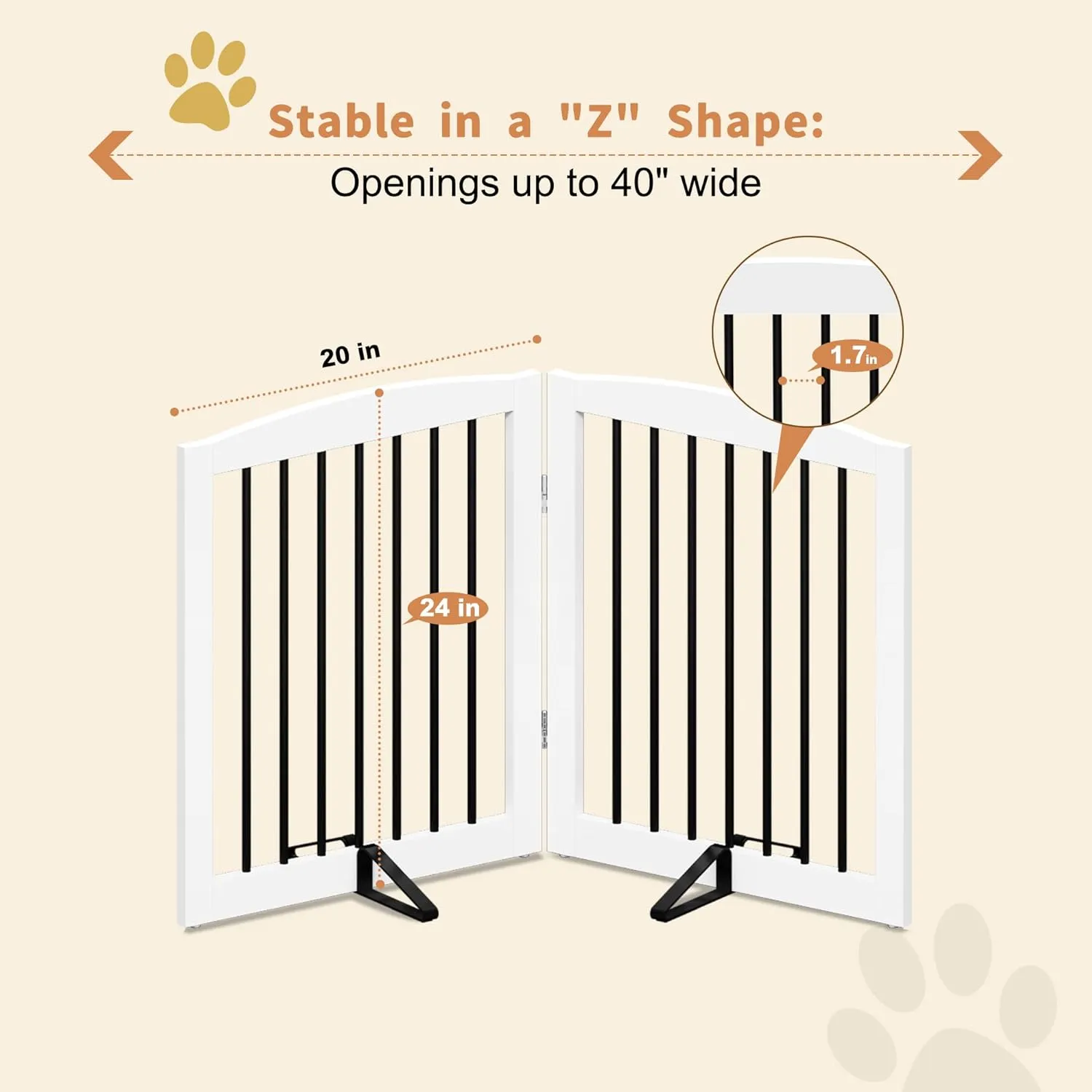Freestanding Pet Gate for Dogs, Foldable Wooden Dog Gate for House, Indoor Pet Barrier for Stairs, Doorways, Support Feet Included, 24" Height 2 Panels, White