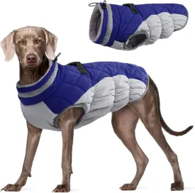 FUAMEY Dog Coat - Warm Winter Jacket with Padded Fleece, Reflective, Waterproof & Windproof, Built-in Harness, Blue, Large