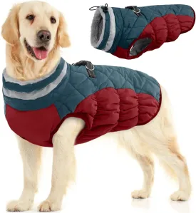FUAMEY Dog Winter Jacket - Dog Cold Weather Coat Padding with Back Zipper, Harness in Built Pet Warm Clothes, Dark Blue, Water Resistant for Small, Medium & Large Dogs