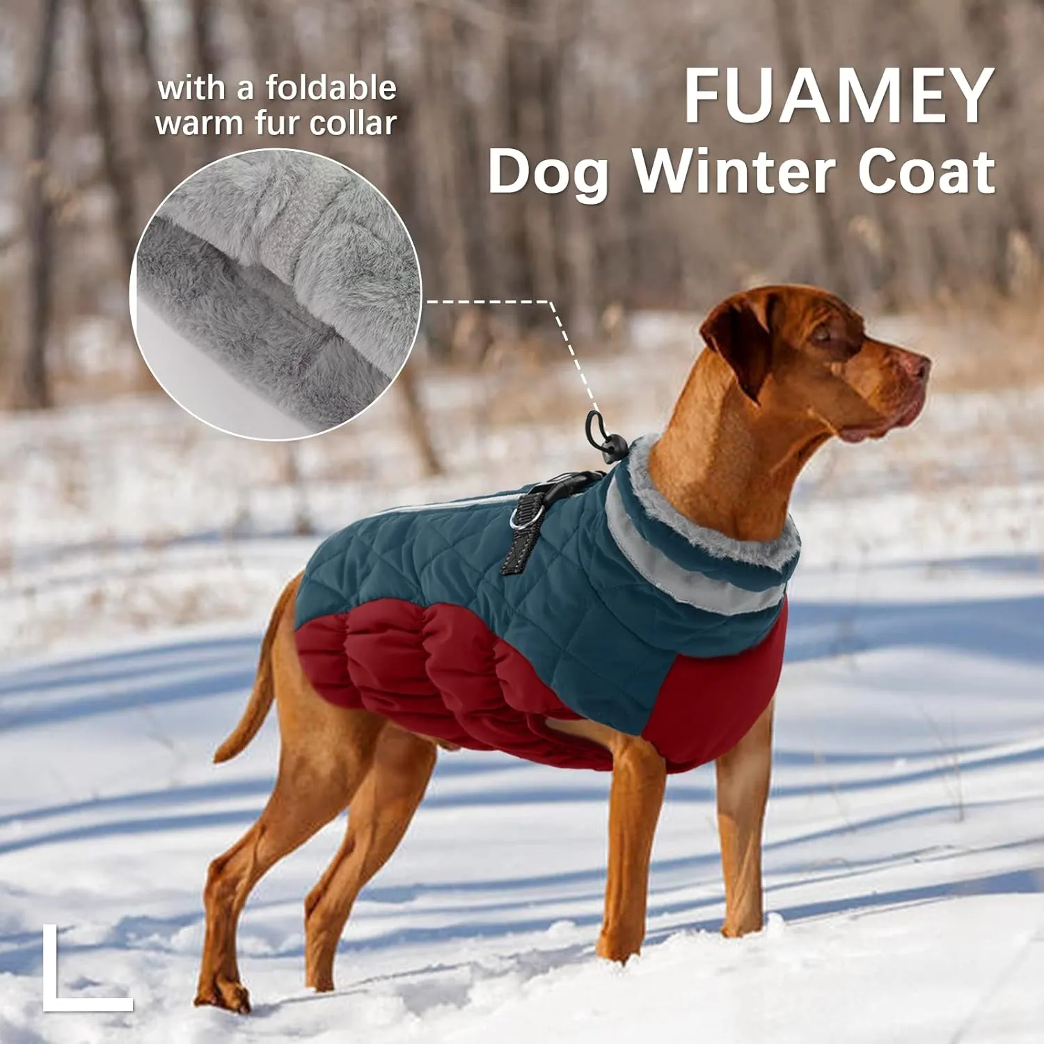 FUAMEY Dog Winter Jacket - Dog Cold Weather Coat Padding with Back Zipper, Harness in Built Pet Warm Clothes, Dark Blue, Water Resistant for Small, Medium & Large Dogs
