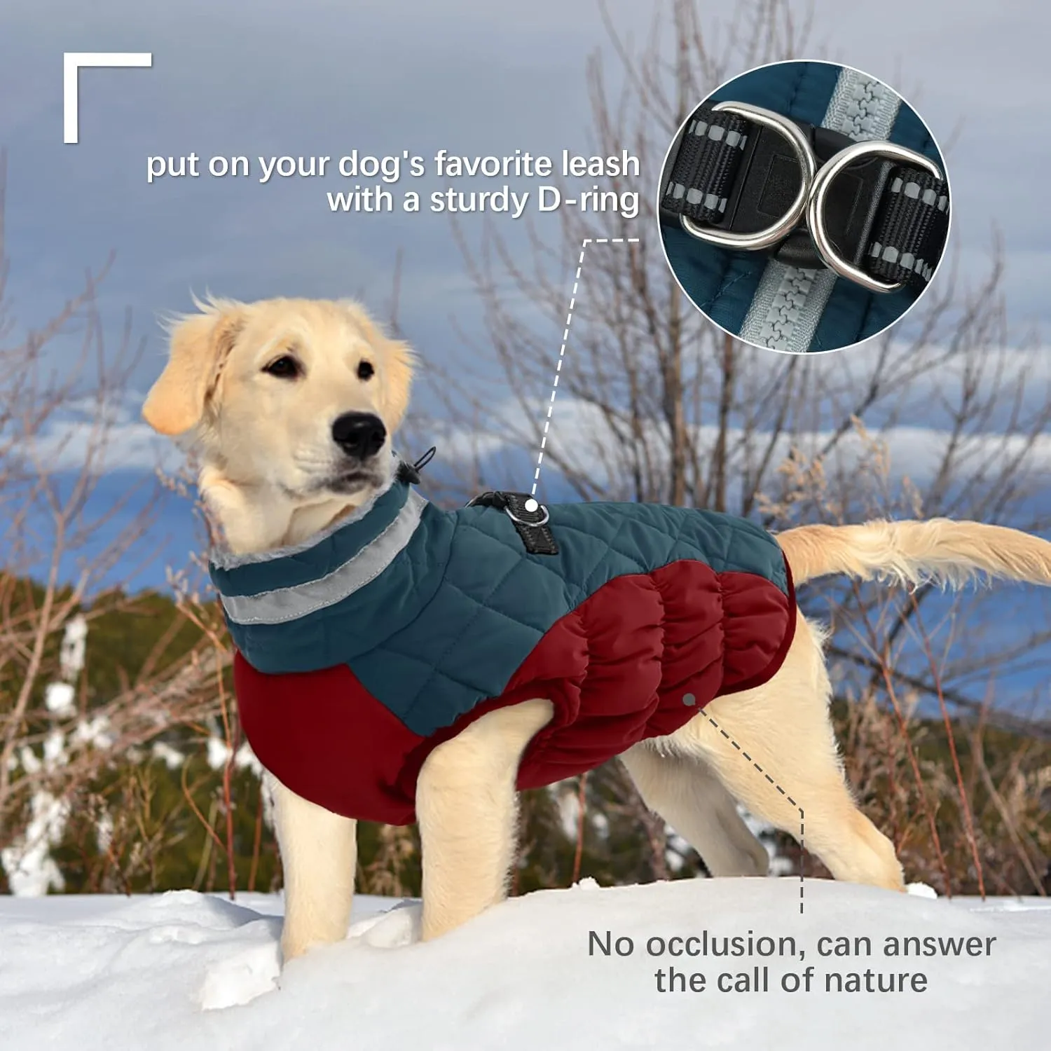 FUAMEY Dog Winter Jacket - Dog Cold Weather Coat Padding with Back Zipper, Harness in Built Pet Warm Clothes, Dark Blue, Water Resistant for Small, Medium & Large Dogs