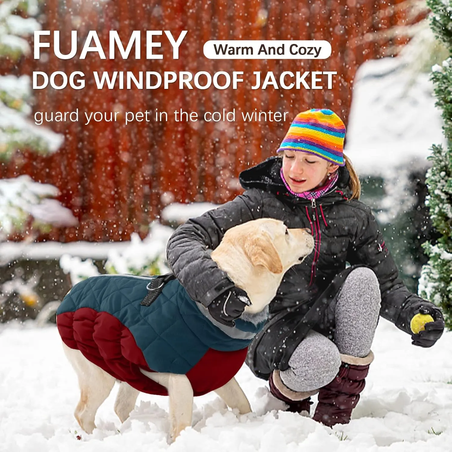 FUAMEY Dog Winter Jacket - Dog Cold Weather Coat Padding with Back Zipper, Harness in Built Pet Warm Clothes, Dark Blue, Water Resistant for Small, Medium & Large Dogs