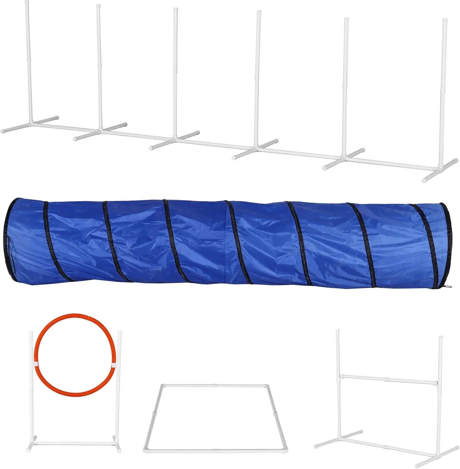 FUNNy elf 6 Piece Dog Agility Training Equipment, Adjustable Bar Jump & Tunnel & Weave Poles & Pause Box Outdoor Agility Set, Dog Agility Course Backyard Set
