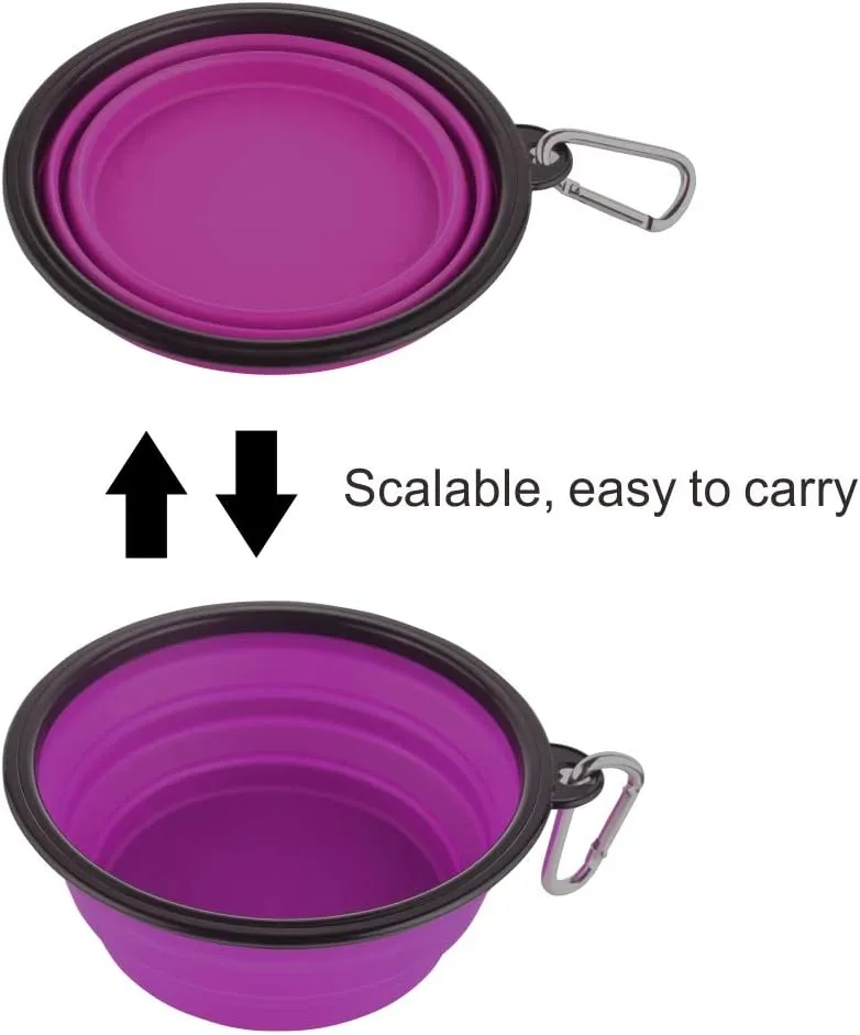 Guardians Large Collapsible Dog Bowls, 34oz Travel Water Food Bowls Portable Foldable Collapse Dishes with Carabiner Clip, 2 Pack (Blue   Purple)