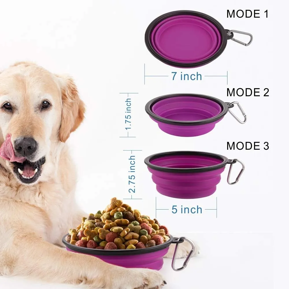 Guardians Large Collapsible Dog Bowls, 34oz Travel Water Food Bowls Portable Foldable Collapse Dishes with Carabiner Clip, 2 Pack (Blue   Purple)