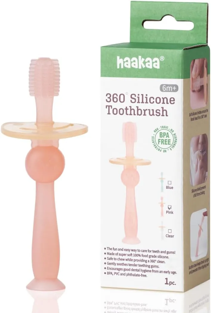 Haakaa 360 Silicone Baby Toothbrush  100% Soft Food Grade Silicone, BPA-Free, Suction Base, Safe for Babies 6 Months , Gentle Gum and Teeth Cleaning for Infants, Gum Massager (Pink)