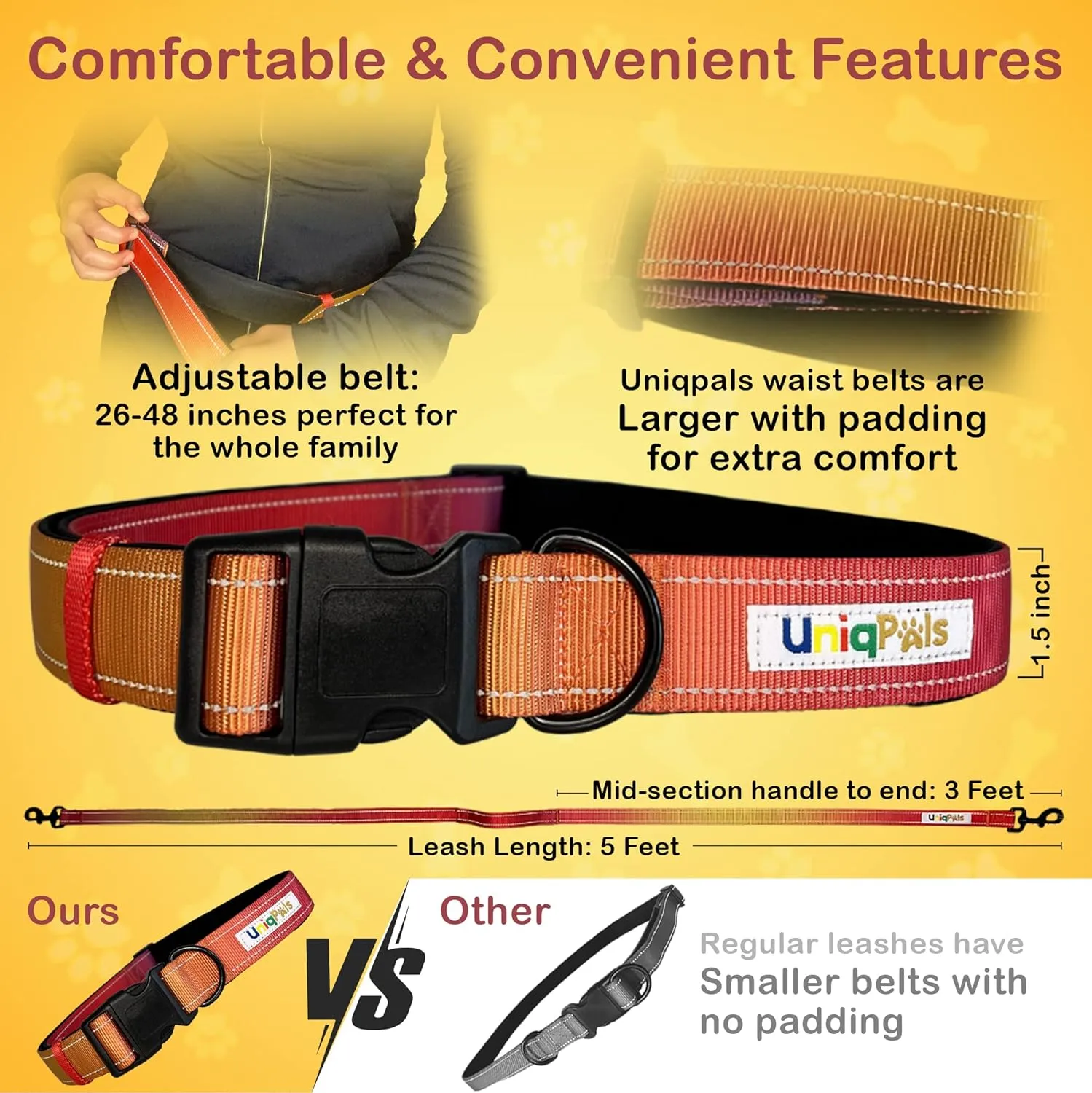 Hands-Free Leash for Small to Large Dogs 5ft - Heavy Duty Adjustable Waist Belt, Padded Handles, Reflective Stitching, Satin Carry Bag for Walking, Running, Hiking