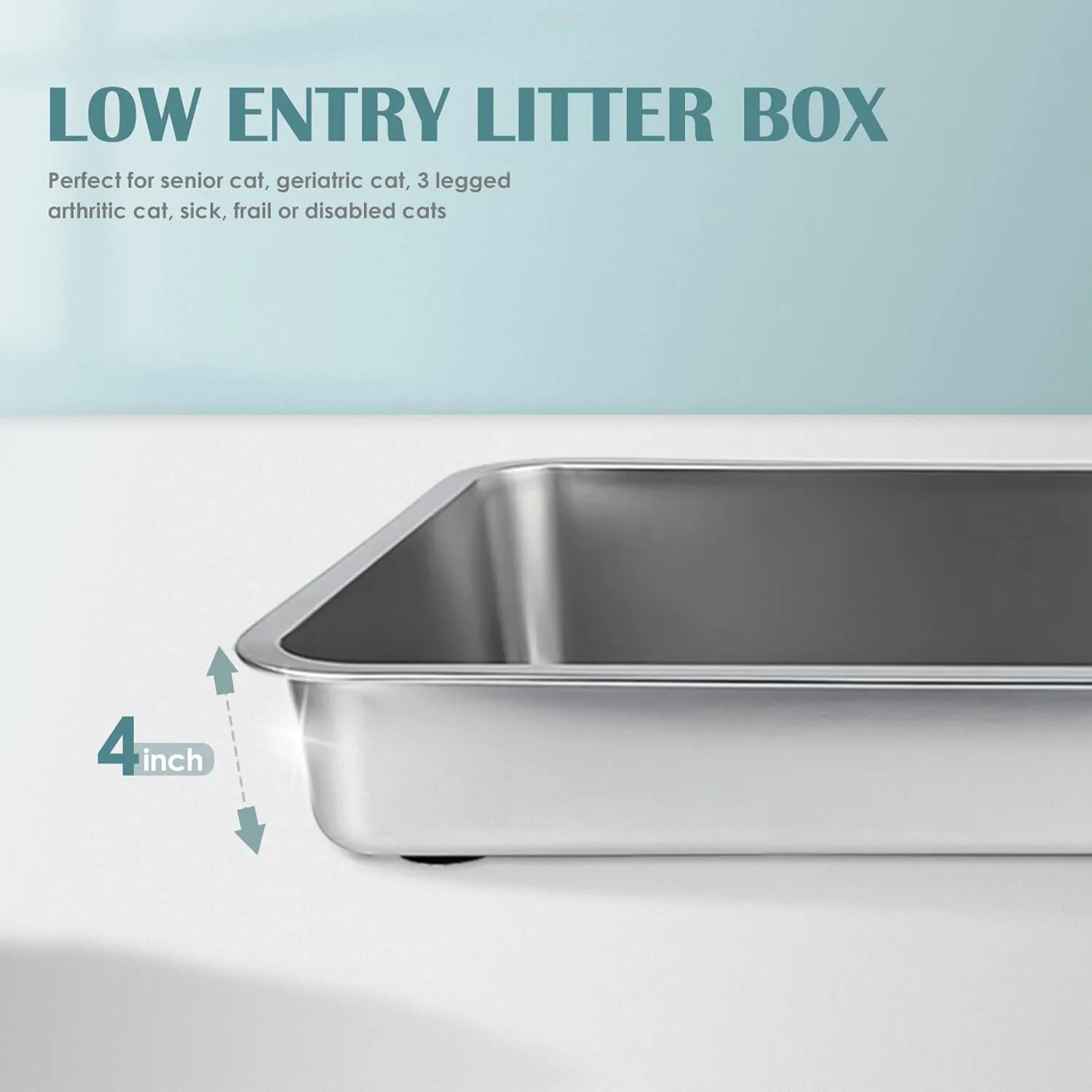 IKITCHEN Stainless Steel Cat Litter Box, Large Metal Litter Pan for Cats Rabbits, Kitty Litter Box Never Absorbs Odors, Low Side Entry Non Stick, Easy Clean 17.5 x 13.5 x 4 inches